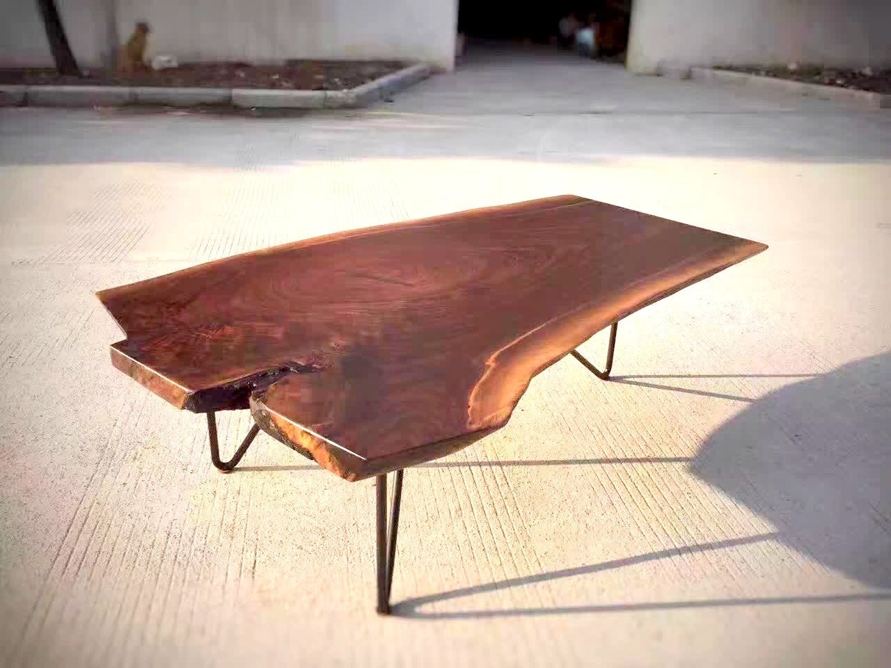 Natural edge walnut wane slab table top with hairpin