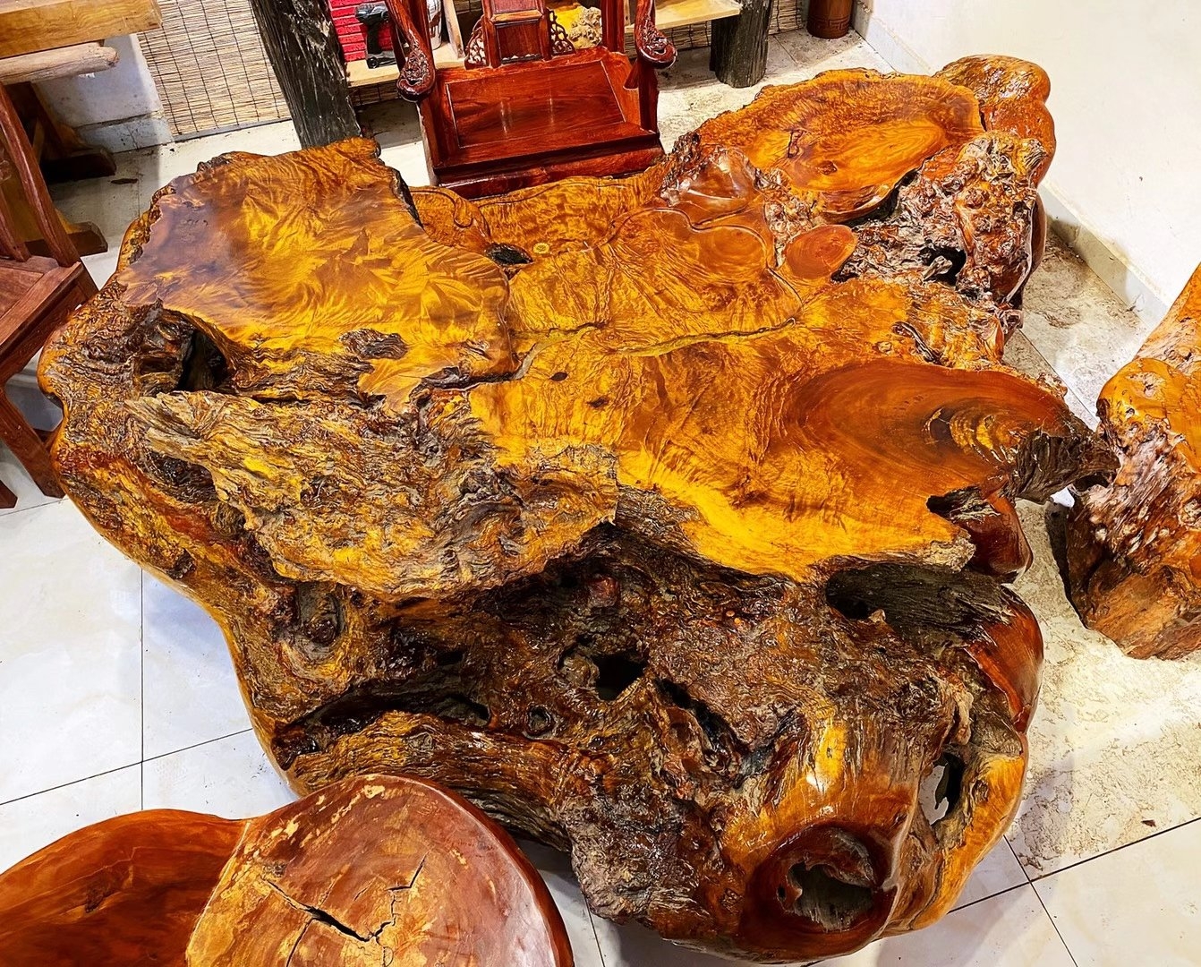 Golden camphor wood slab tea table root carving