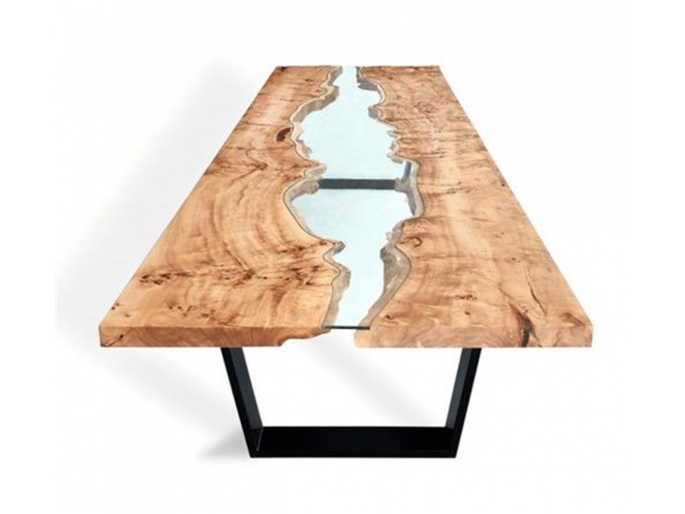 European poplar wood slab epoxy resin table with metal base