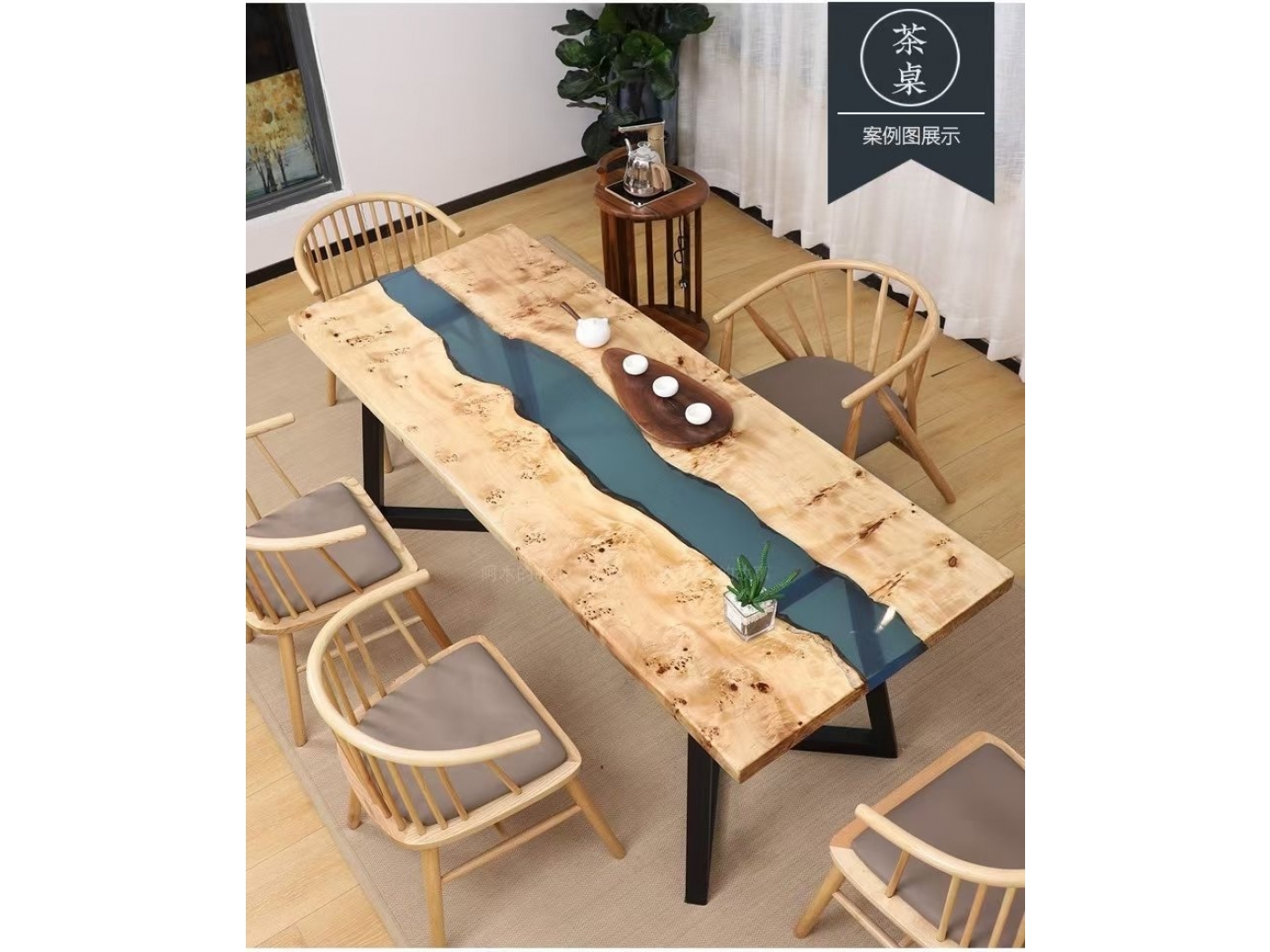 European poplar wood slab epoxy resin table with metal base