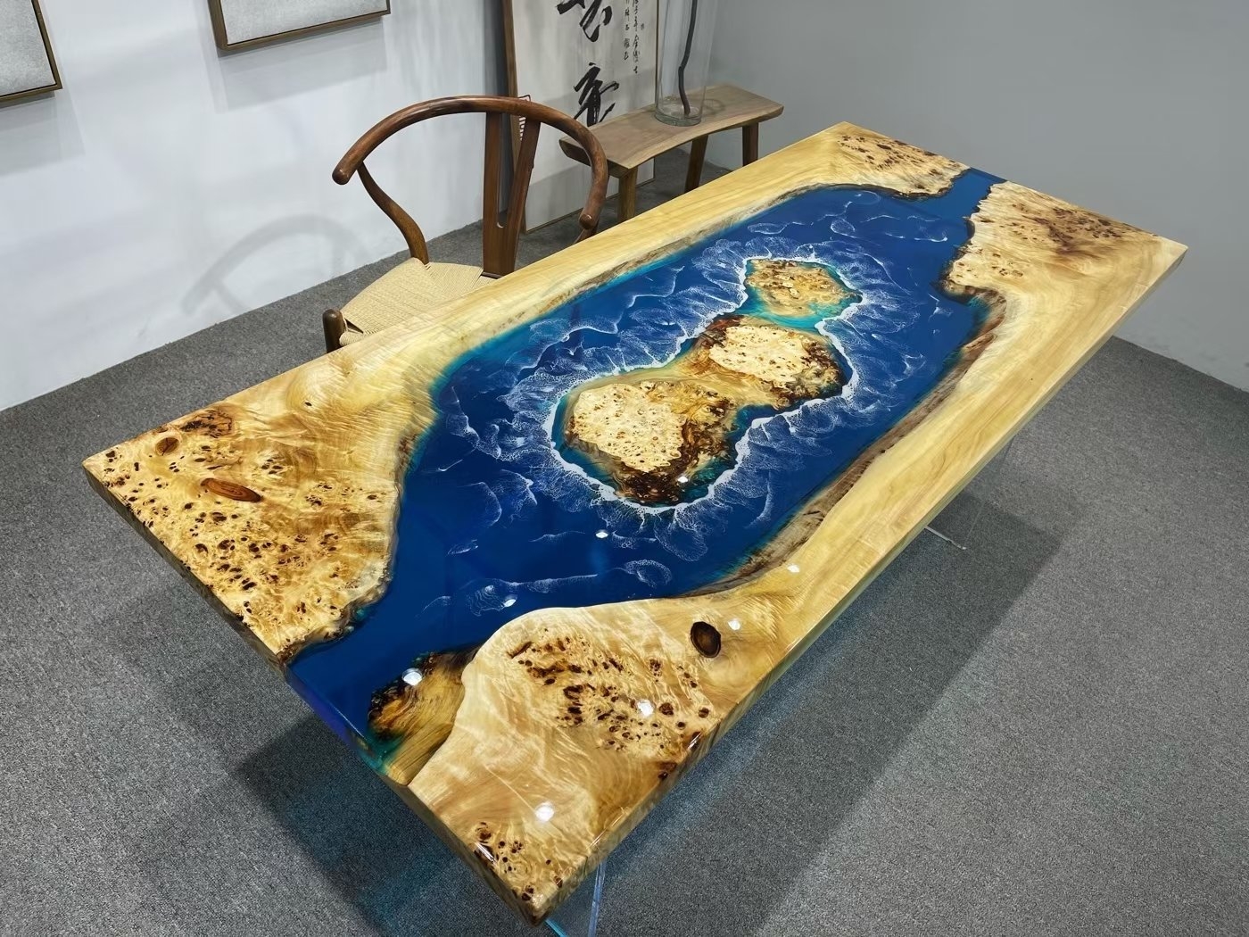 European poplar wood slab epoxy resin table with metal base