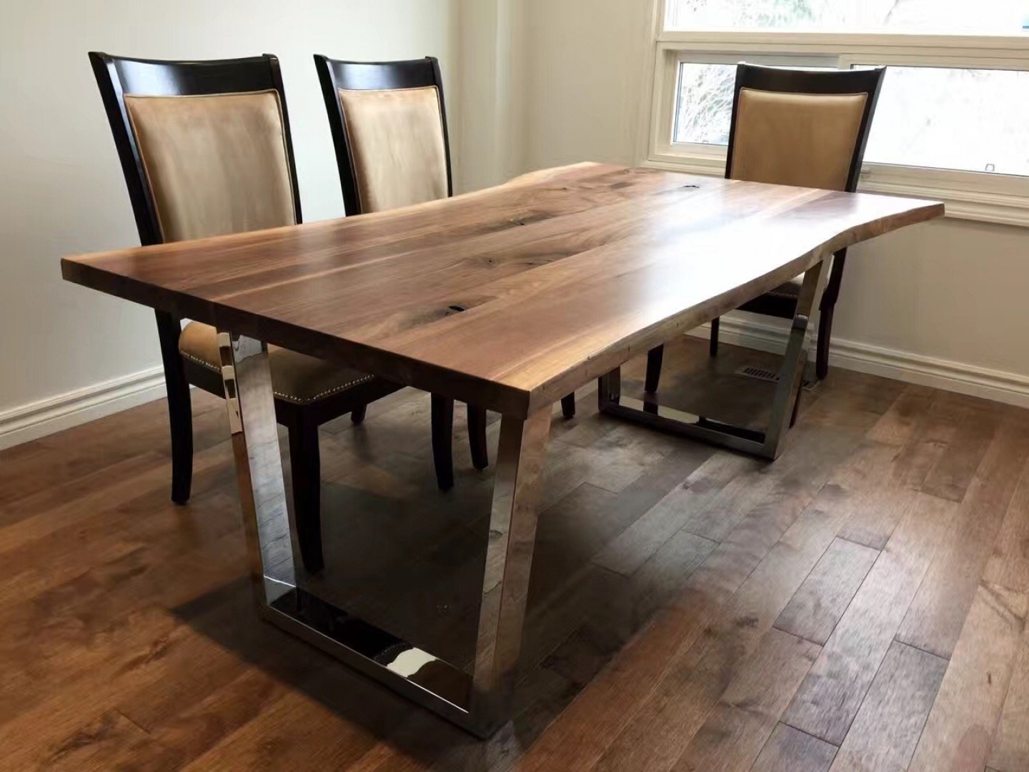 Multi-strip walnut wood slab table