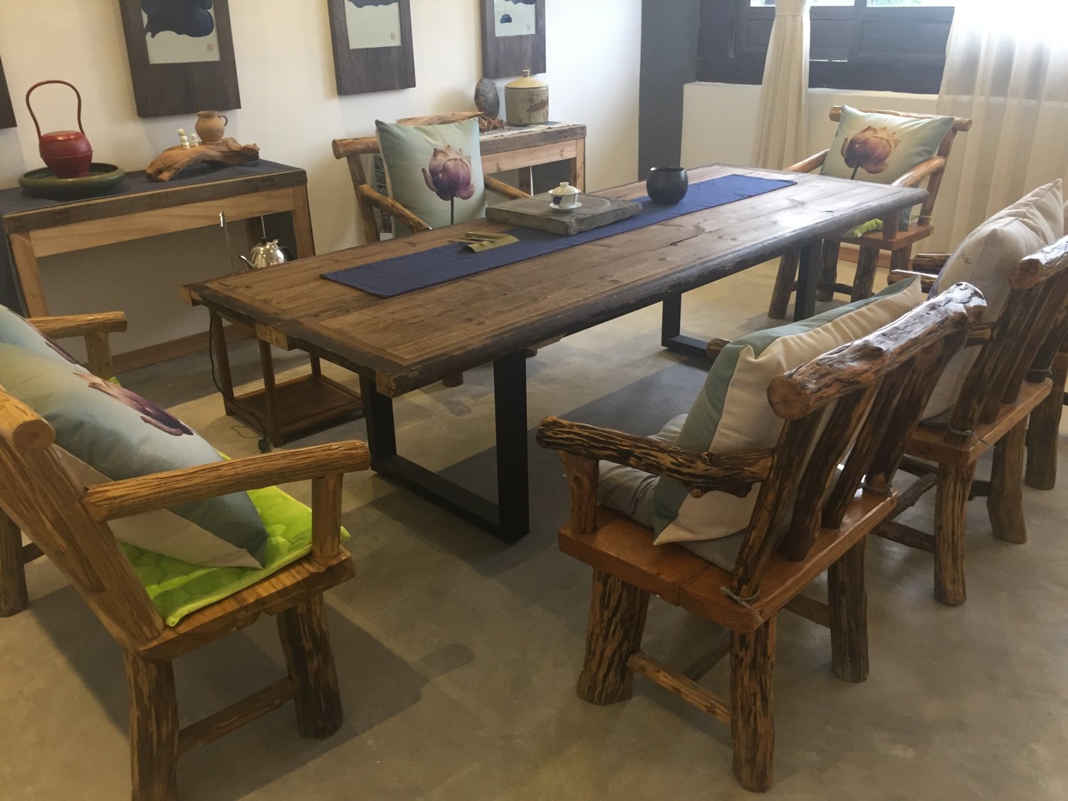 Reclaimed door elm wood coffee table and chairs