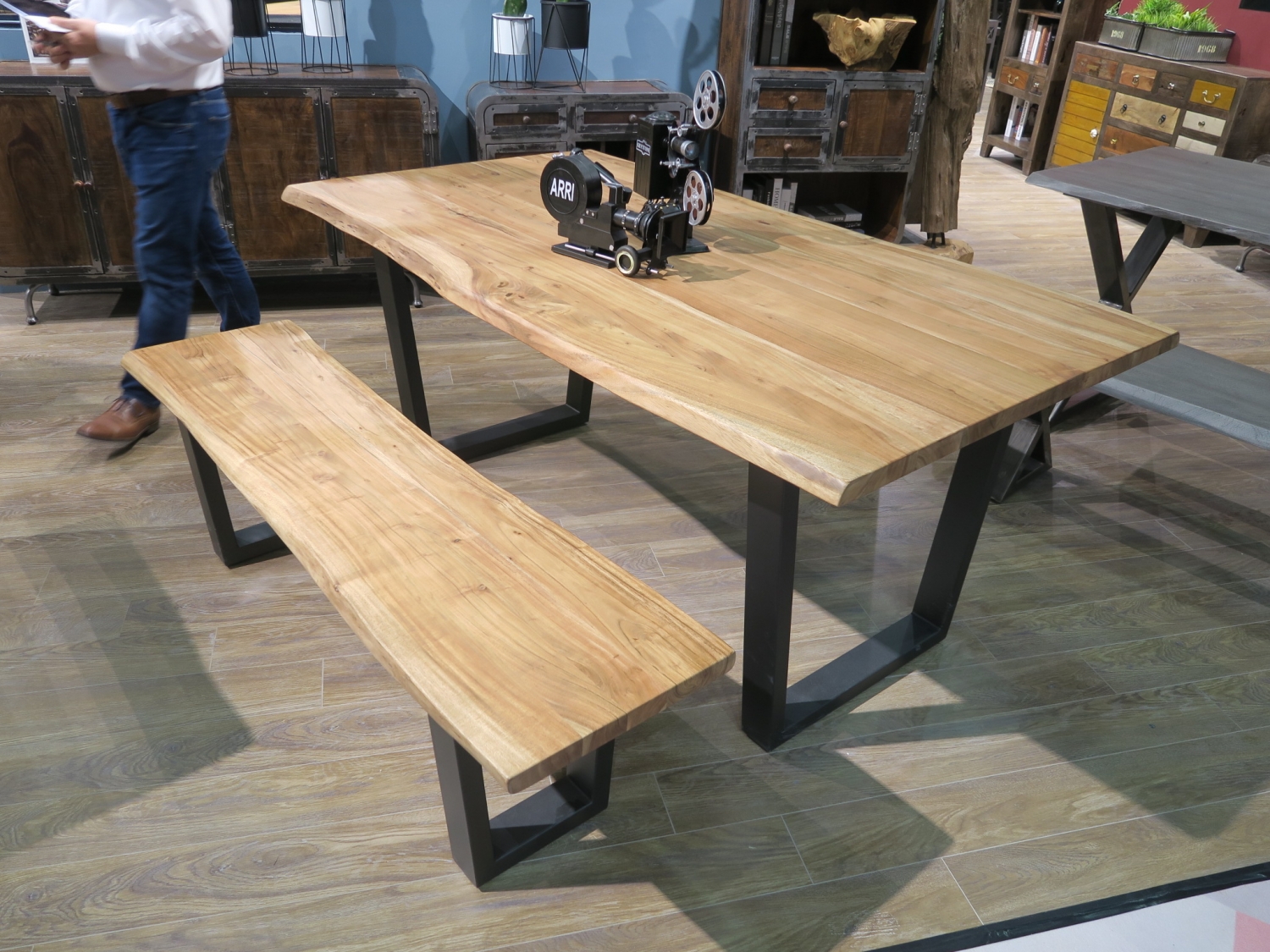 Live edge acacia dining table and bench