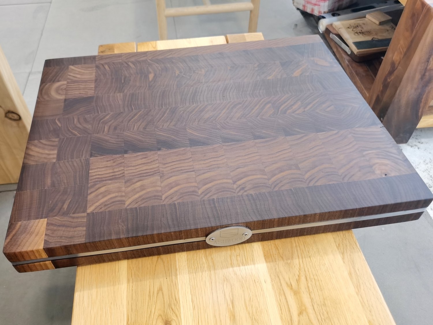 End Grain Walnut Cutting board Iron Band Circle Custom