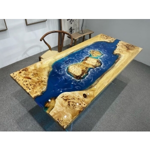 European poplar wood slab epoxy resin table with metal base