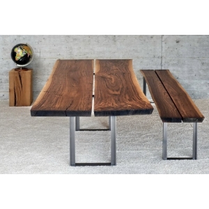 Multi-strip walnut wood table with stainles steel base