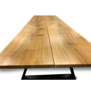 2-Pc Plank Slab Oak Dining Table Trapezoidal Black Iron Legs