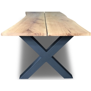 Industrial 2-Pc Plank Slab Oak Dining Table X Shape Black Iron Legs