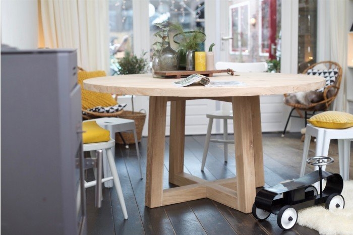 Solid stave wood coffee table with wooden base