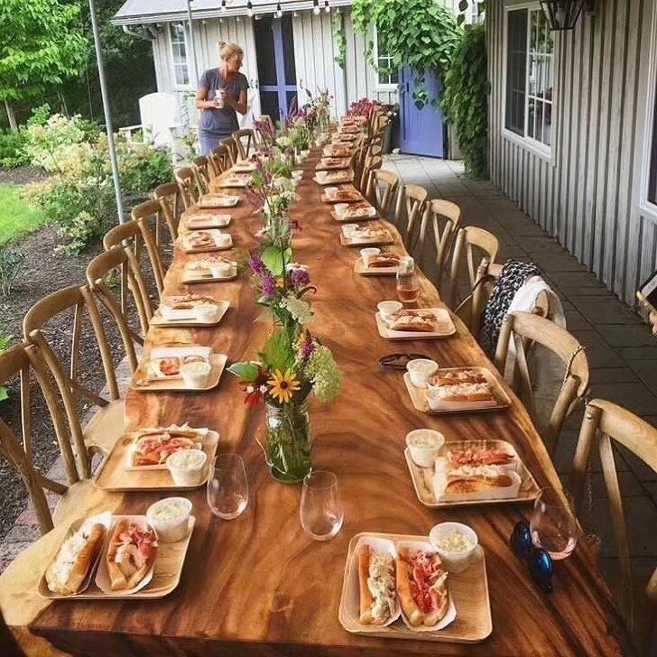 Long suar walnut wood slab banquet dining table