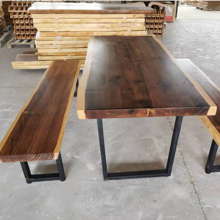 Live Edge Pine Wood Slab Dining Table Set