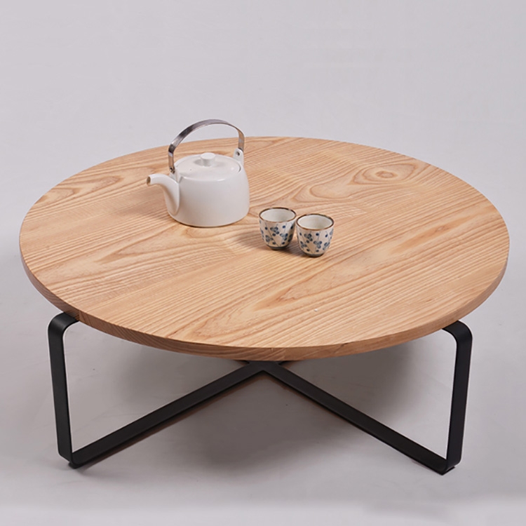 Pine Wood Solid Stave Coffee Tea Round Table With Metal Base