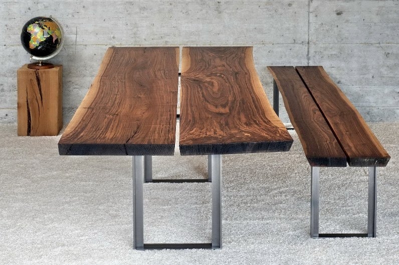 Multi-strip walnut wood table with stainles steel base