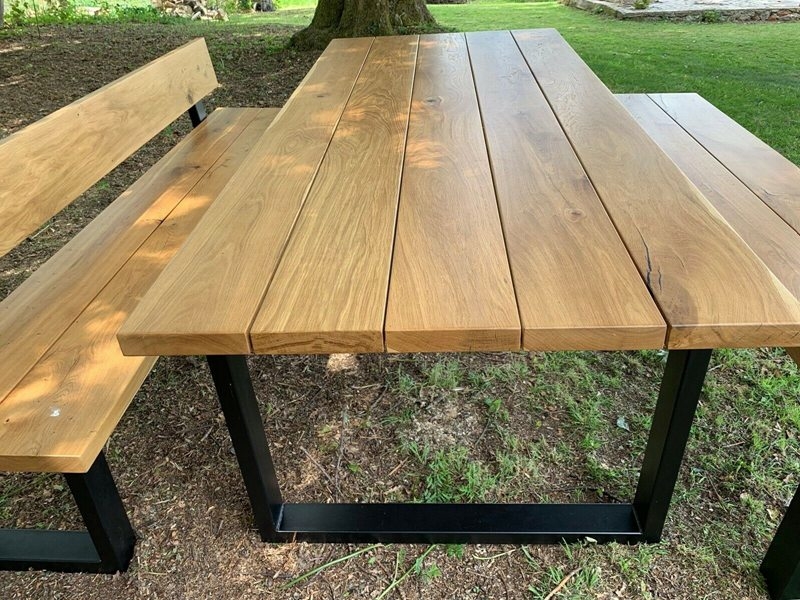 Industrial Full Stave Oak Dining Table And Chair With Black Iron Legs