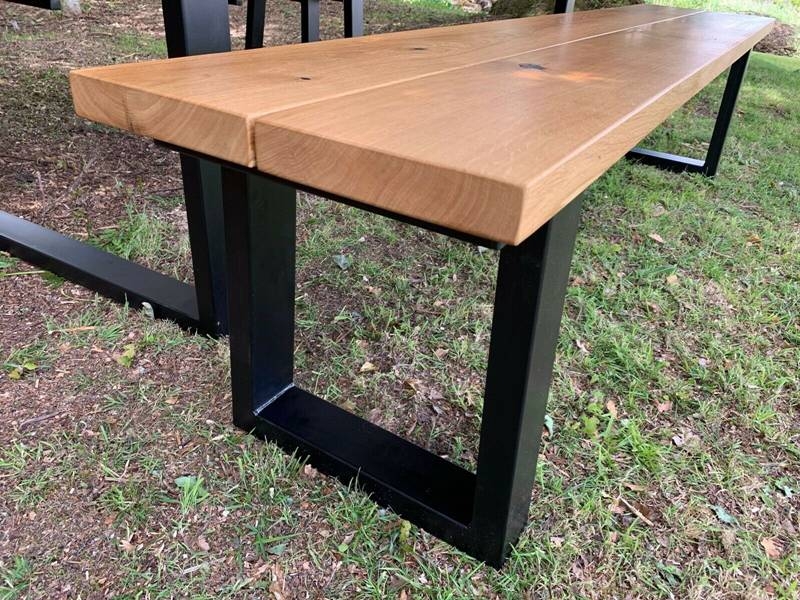 Industrial Full Stave Oak Dining Table And Chair With Black Iron Legs