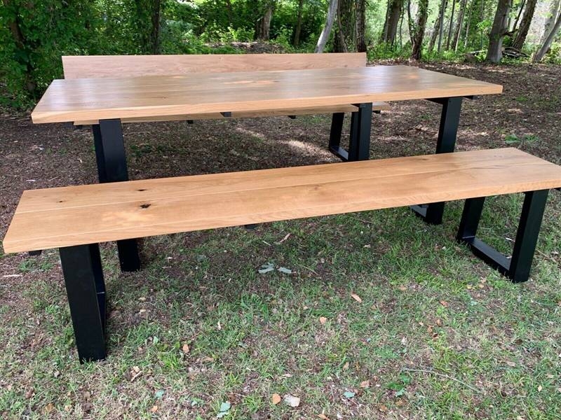 Industrial Full Stave Oak Dining Table And Chair With Black Iron Legs