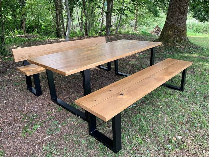 Industrial Full Stave Oak Dining Table And Chair With Black Iron Legs