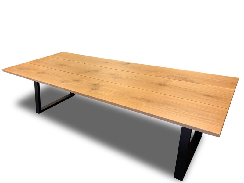 Custom 3-Pc Plank Slab Oak Dining Table With Black Iron Legs