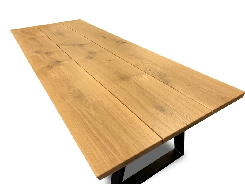 Custom 3-Pc Plank Slab Oak Dining Table With Black Iron Legs