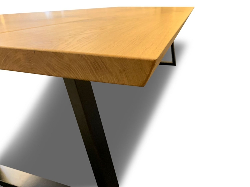 Custom 3-Pc Plank Slab Oak Dining Table With Black Iron Legs