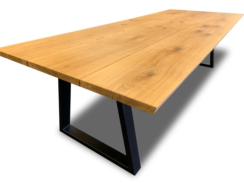 Custom 3-Pc Plank Slab Oak Dining Table With Black Iron Legs