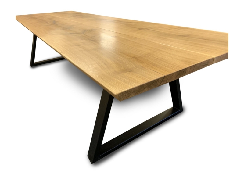 2-Pc Plank Slab Oak Dining Table Trapezoidal Black Iron Legs
