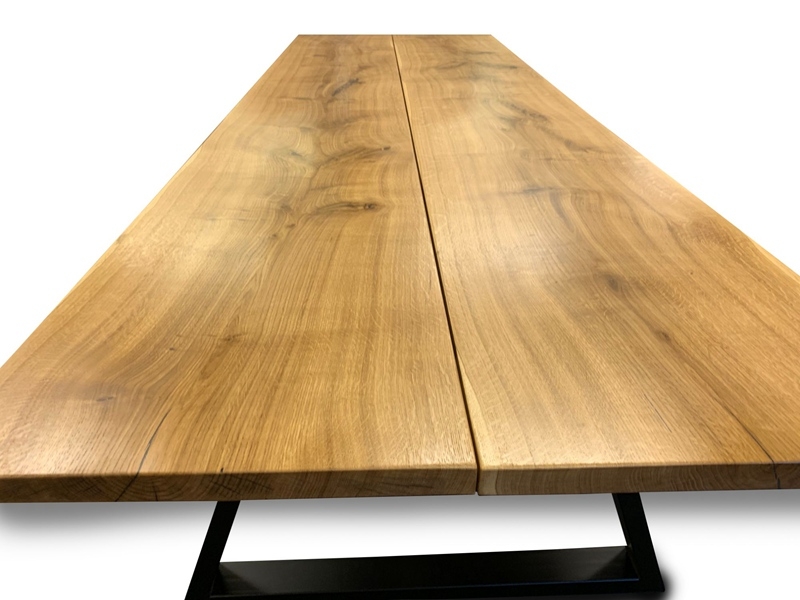 2-Pc Plank Slab Oak Dining Table Trapezoidal Black Iron Legs