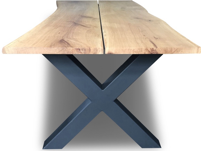 Industrial 2-Pc Plank Slab Oak Dining Table X Shape Black Iron Legs