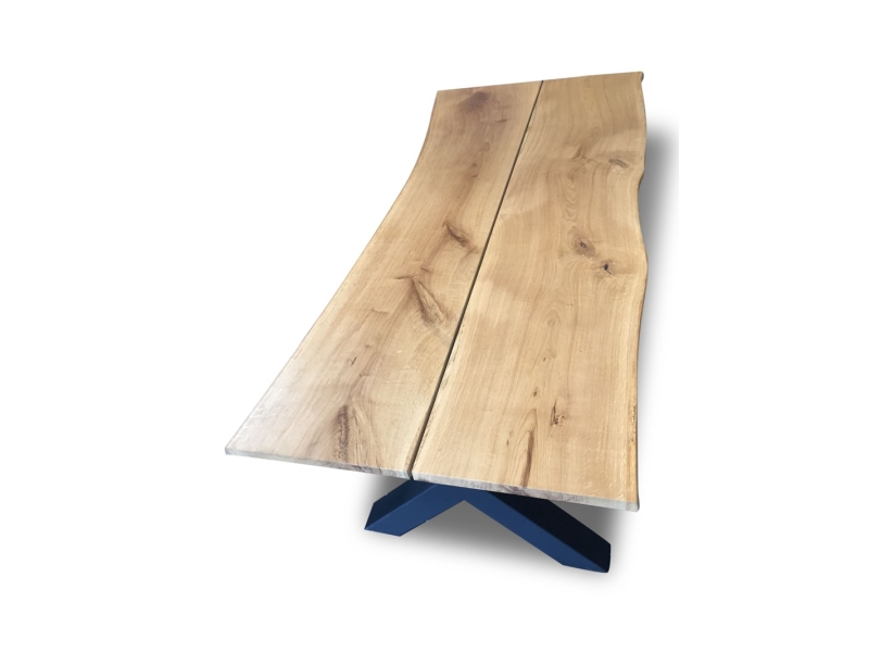 Industrial 2-Pc Plank Slab Oak Dining Table X Shape Black Iron Legs