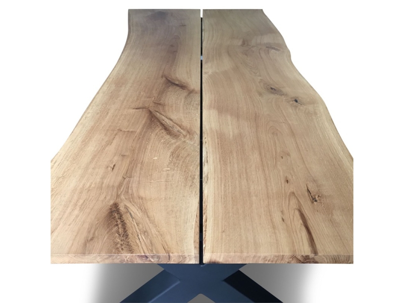 Industrial 2-Pc Plank Slab Oak Dining Table X Shape Black Iron Legs