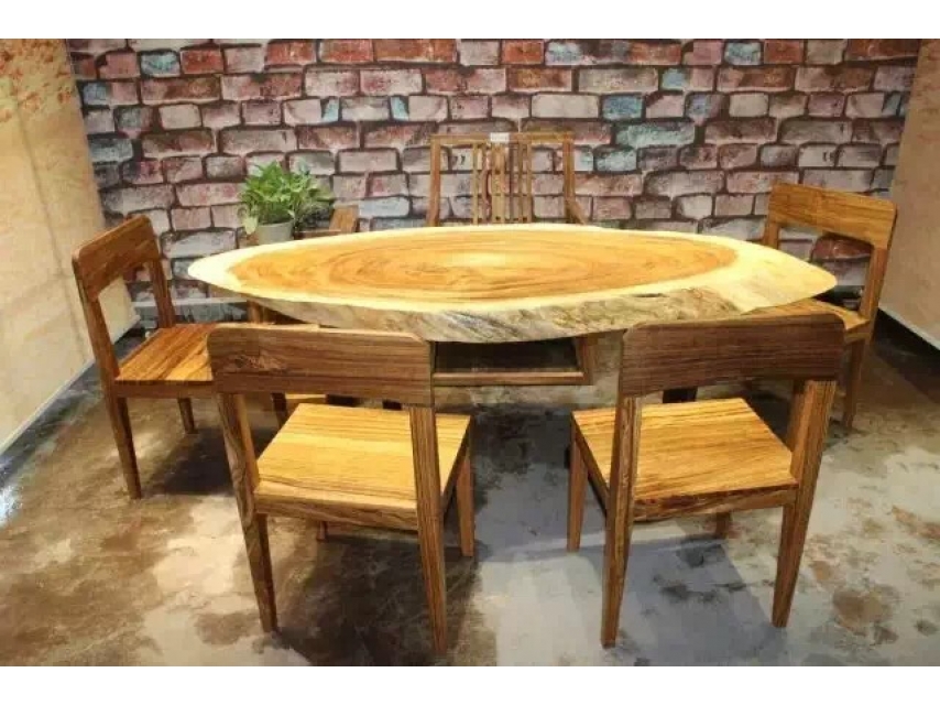 Round iroko wood slab coffee table