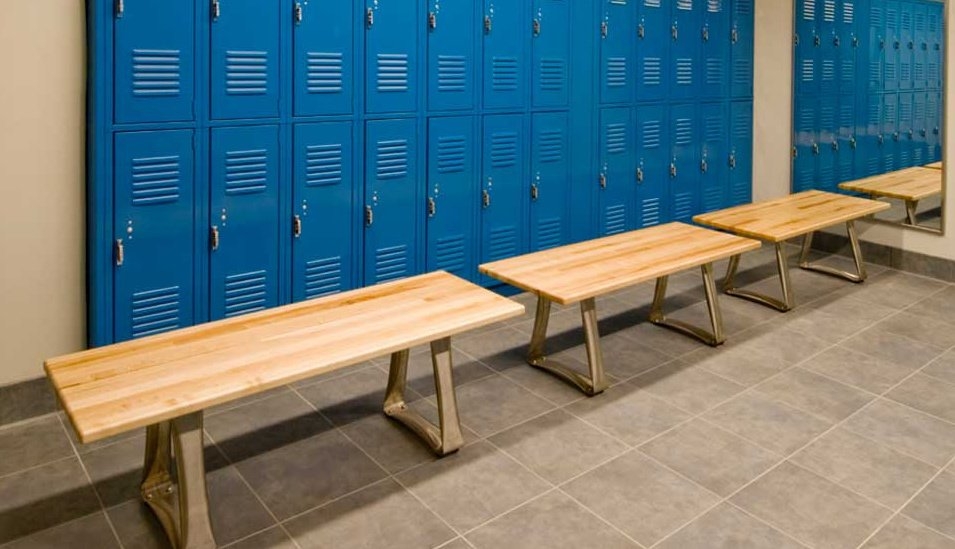 Solid stave maple woodlocker bench with triangle legs
